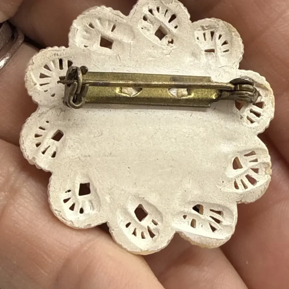 Vintage Celluloid Brooch Carved Floral Openwork Lace Pin With Pearls READ